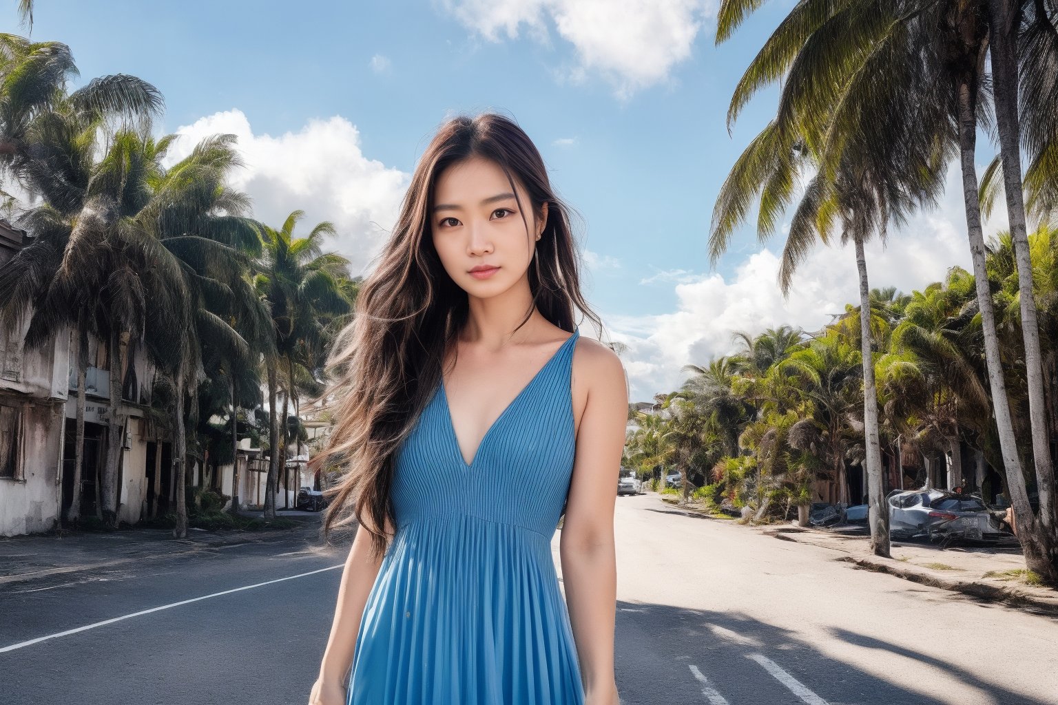 (1girl), Best quality, masterpiece, photorealistic, ultra high res, 8K raw photo, 1girl, beautifull face, long hair,long hair, brown hair, black hair, dress,outdoor, sky, daytime, clouds,blue sky,coconut tree, natural_background, scenery, sign, road, street,JENNY