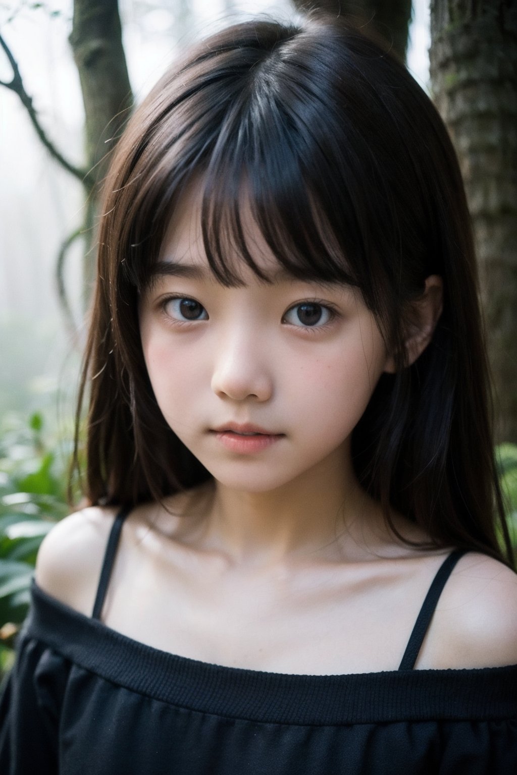 主：(deep in the misty woods),(((face photo))),
人：1litte 1kid 7yo gril (Child:1.2), Korean beauty,
優：With a very high artistic composition style,
髮：(long hair),(((bangs))), 
服：Off-the-shoulder,