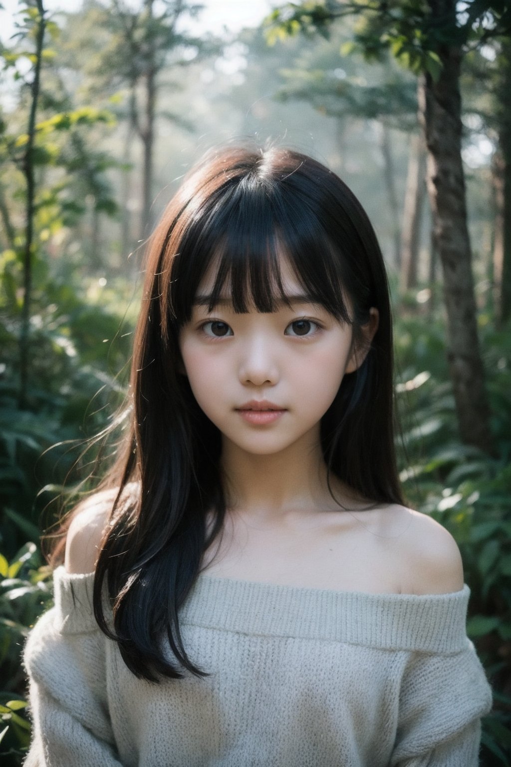 主：(deep in the misty woods),(((face photo))),
人：1litte 1kid 7yo gril (Child:1.2), Korean beauty,
優：With a very high artistic composition style,
髮：(long hair),(((bangs))), 
服：Off-the-shoulder,