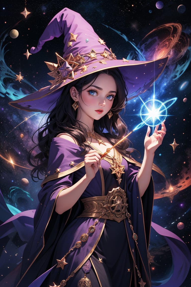 Generate a super beautiful image Magician (Supermodel). She stands on the six-pointed star magic circle, wearing a witch hat, holding an ancient magic wand in her left hand, raising her right hand to perform powerful magic, space background, magic special effects, light particles, illustration, portrait, fantasy, DonMM4g1c