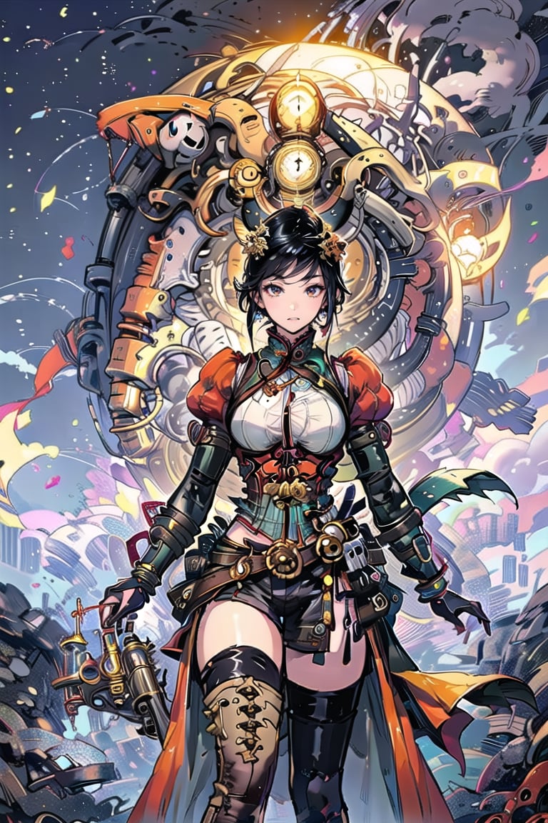 A young Chinese woman, dressed in a intricately designed steampunk outfit, stands confidently amidst a misty landscape. A majestic dragon, its scales glistening in the soft light of an ancient lantern, wraps its tail around her waist as she gently cradles it in her arms. The air is thick with the scent of gunpowder and tea leaves, as clockwork mechanisms tick away in the background, set against a backdrop of rolling hills and mist-shrouded pagodas.