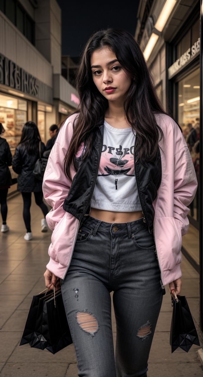 Lovely cute young attractive indian  girl, 22 years old, cute long black_hair,  black  hair,  They are wearing a  pink , patterned Jen's jacket and black jeans, varsity jacket , white shoes. Shopping complex 