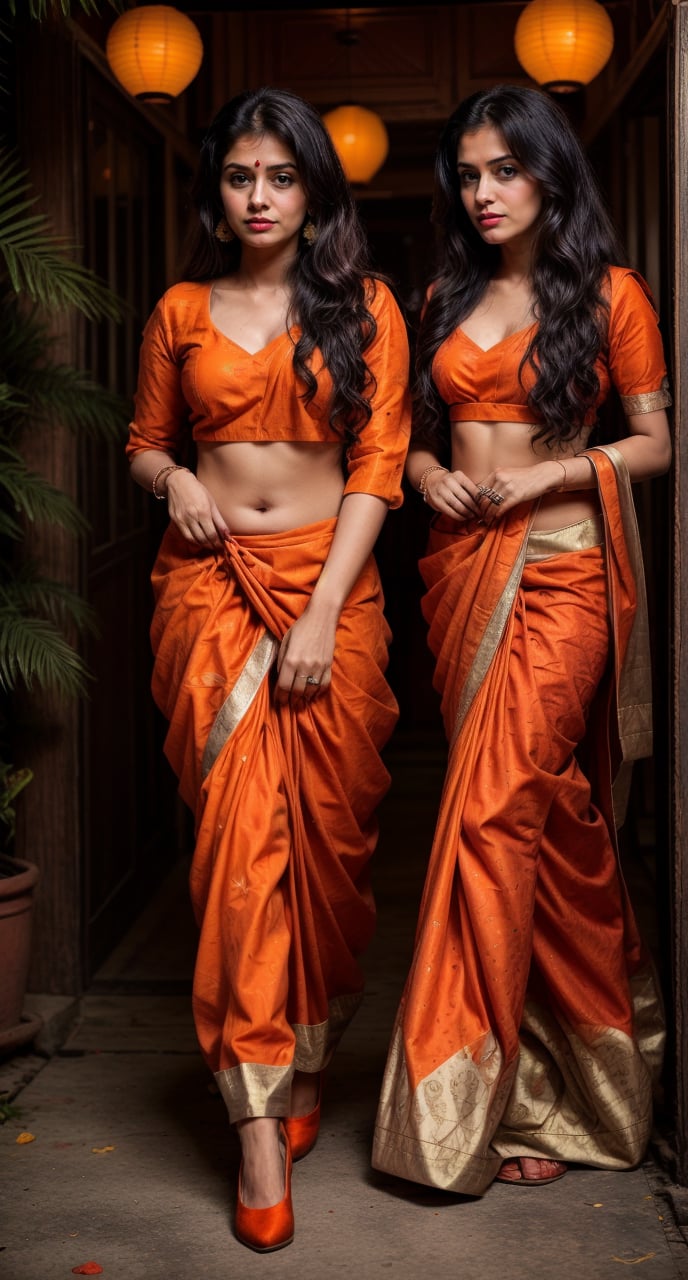 Lovely cute young attractive indian  girl, 22 years old, cute long black_hair,  black  hair,  They are wearing a orange , patterned indian suit and orange salwar , Red shoes. Indian wedding party