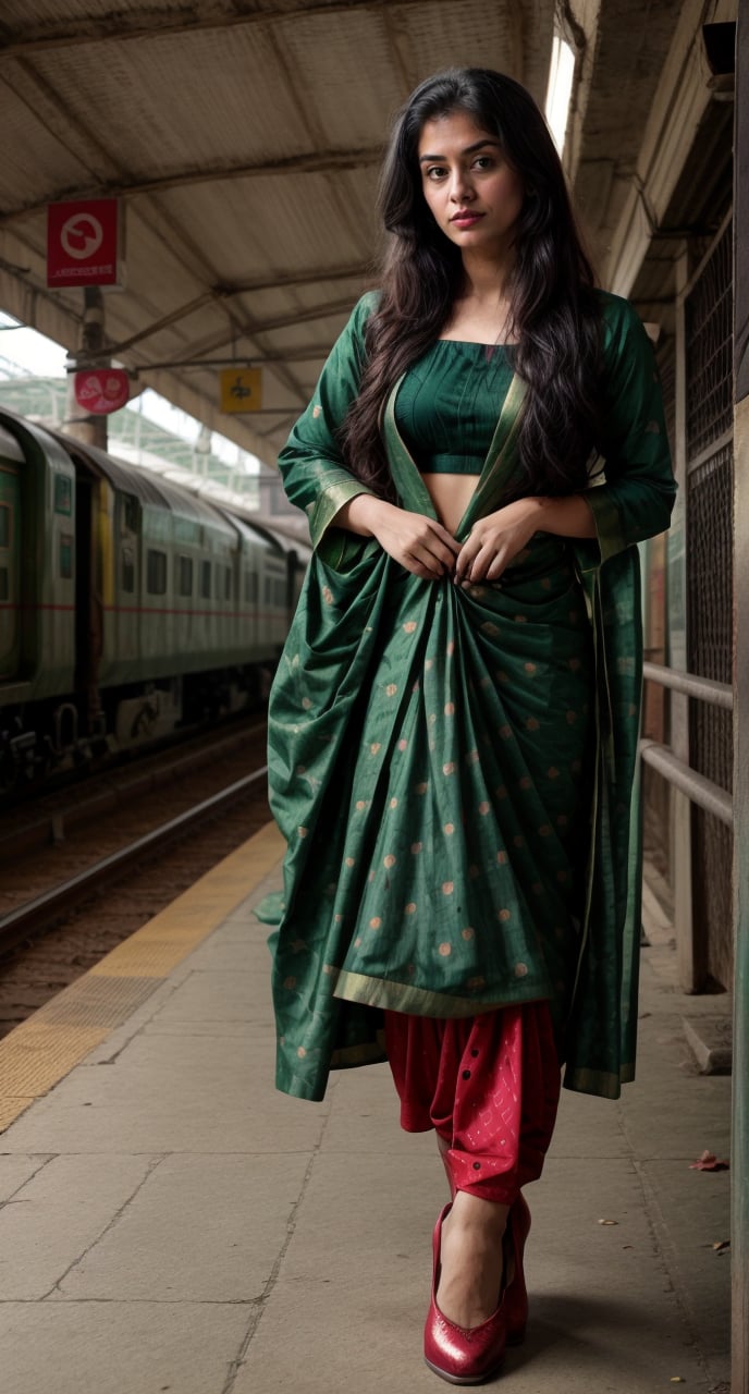 Lovely cute young attractive indian  girl, 22 years old, cute long black_hair,  black  hair,  They are wearing a green , patterned indian suit and salwar , Red shoes. Indian Railway station