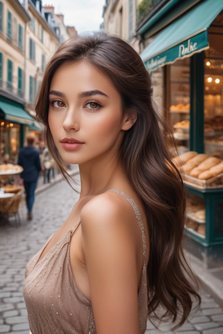 A captivating Eurasian beauty, with hazel eyes shining like gemstones and dark brown hair cascading down her back, stands poised in front of a charming French bakery. background scenery of a busy French street.