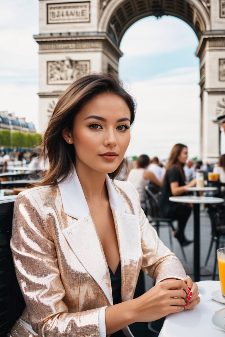 A captivating 30 year old Eurasian beauty, with hazel eyes sparkling like precious gemstones and dark brown hair. She is having braekfast in a cafe of a busy street in paris with the arc de triomphe in the background. She wears her summer mandarin collar jacket. a full body frontal view. busy cafe ambience.