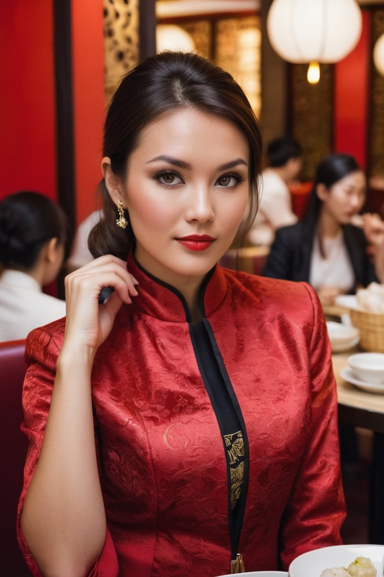 A captivating 30 year old caucasian mix Eurasian beauty, with hazel eyes sparkling like precious gemstones and dark brown hair. wearing a red brocade modern mandarin collar jacket. seated in a mordern dim sum restaurant. background with customers dinning in the restaurant. table with some chinese food. a day in Hong Kong
