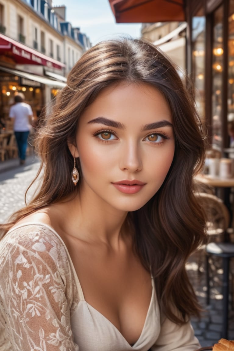 A captivating Eurasian beauty, with hazel eyes shining like gemstones and dark brown hair, sitting at a french cafe on the road side, in front of a charming French bakery. background scenery of a busy French market.