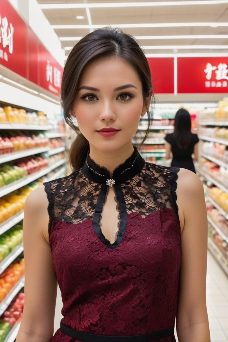 A captivating 30 year old caucasian mix Eurasian beauty, with hazel eyes sparkling like precious gemstones and dark brown hair. wearing a black and red lace modern mandarin collar dress. shopping in japanese supermarket in a Hong Kong. full body frontal view, with customers in the background.