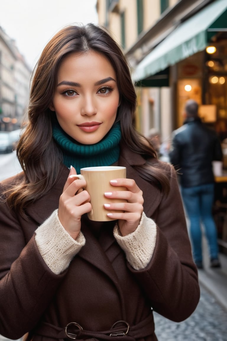 A captivating and enchanting 30 year old Eurasian beauty, with hazel eyes sparkling like precious gemstones and dark brown hair. having a quick bite at road side cafe. background is a streets in milan. she is wearing her winter clothing, a short turtle neck and a long overcoat. full body frontal view. holding in her hand a hot cup of coffee.