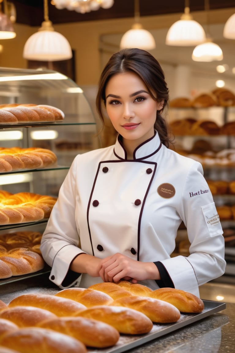 A captivating 30 year old Eurasian beauty, with hazel eyes sparkling like precious gemstones and dark brown hair amidst the ambiance of a european bakery fair. She stands confidently in front of the bakery counter posing with her bread. She wears her mandarin collar designers chef coat design. a full frontal view. inside a bakery fair ambience.