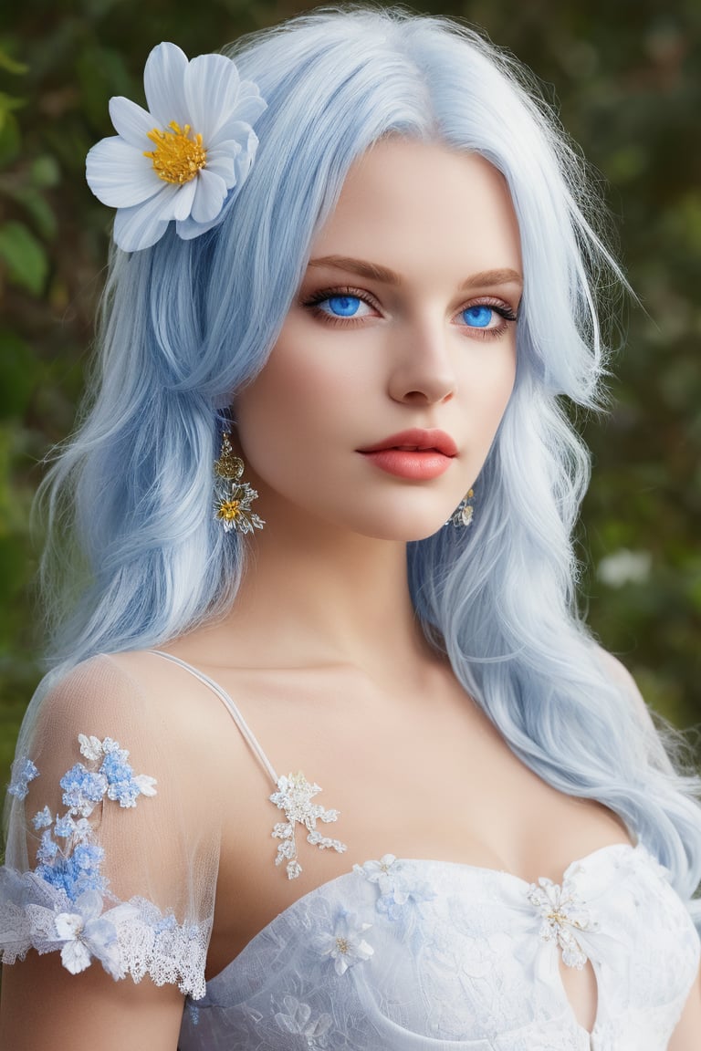 1girl, solo, long hair, looking at viewer, blue eyes, hair ornament, dress, upper body, flower, white hair, parted lips, hair flower, lips, realistic