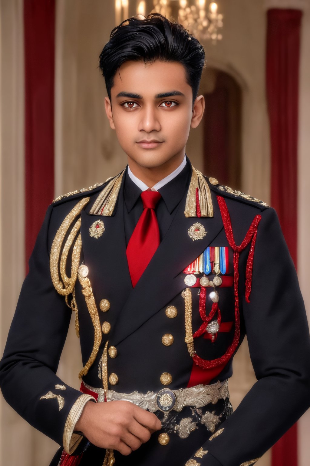 (masterpiece, best quality, highres:1.3), ( young handsome Indian man, black hair, short hair, red eyes, glowing eyes, levi ackerman hairstyle,)  gloves, long sleeves, closed mouth, upper body, male focus, necktie, black gloves, belt, blurry, uniform, coat, military, military uniform, buttons, blurry background, swim wear ,1boy