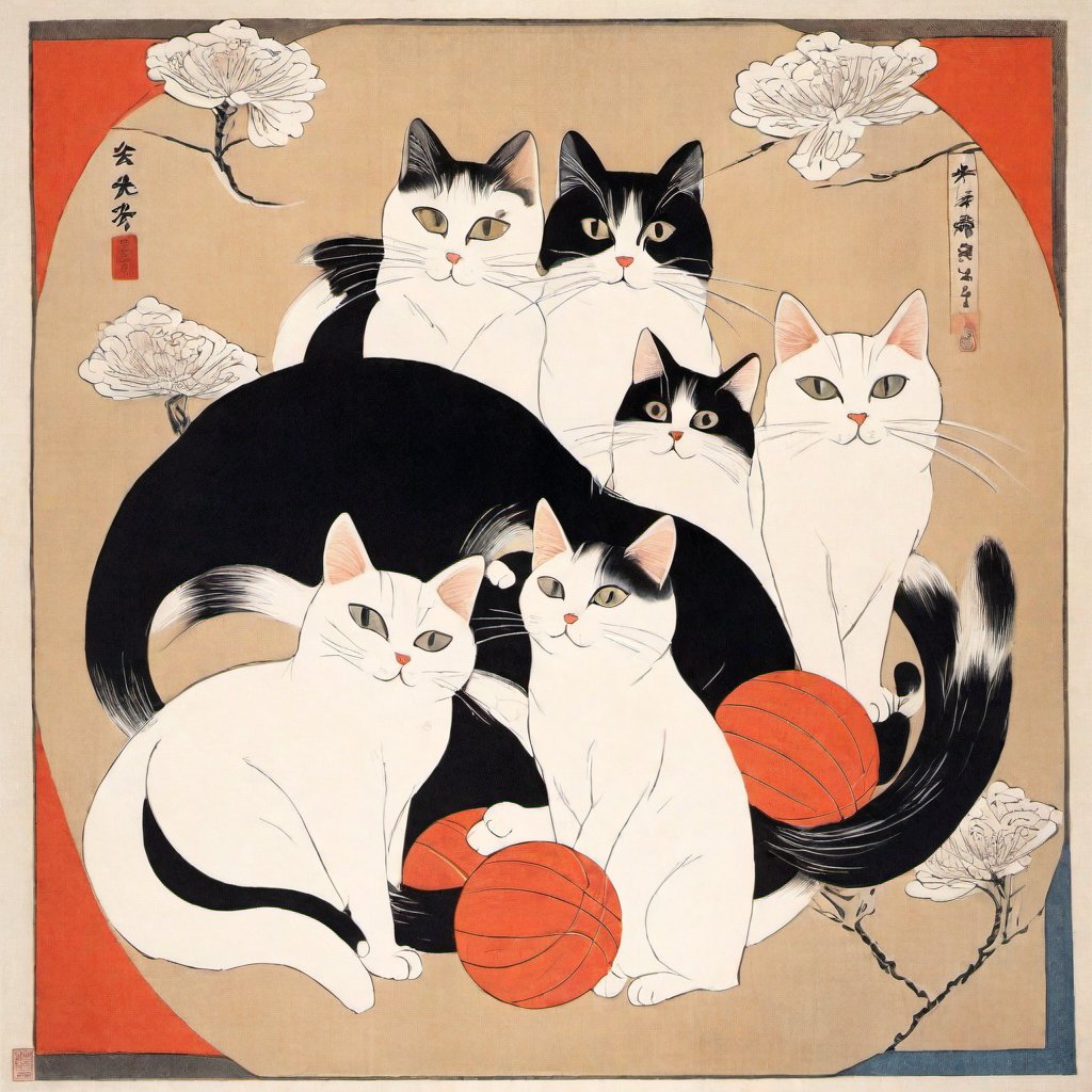 five white cat, playing balls, Ukiyo-e style,cotton paper texture,hand draw line,aw0k cat