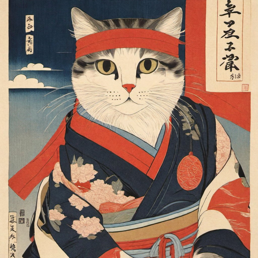 boxing cat, Ukiyo-e style,cotton paper texture,hand draw line,aw0k cat