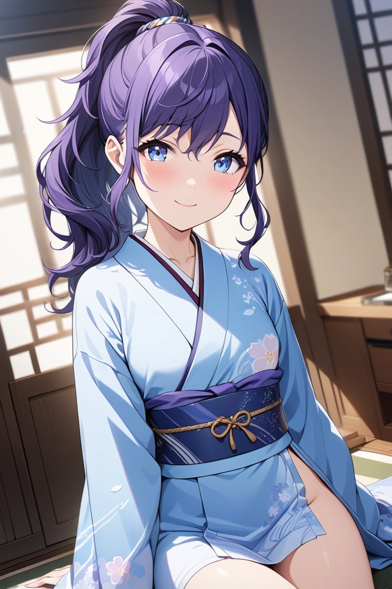 master piece, best quality, highly detailed, ultra detailed, extremely CG unity 8k wallpaper,
1 woman, 17 years old, blue eyes, purple hair, long hair, ponytail, smile,
light blue japanese kimono, too short kimono, looking at viewer,indoor,Mafuyu