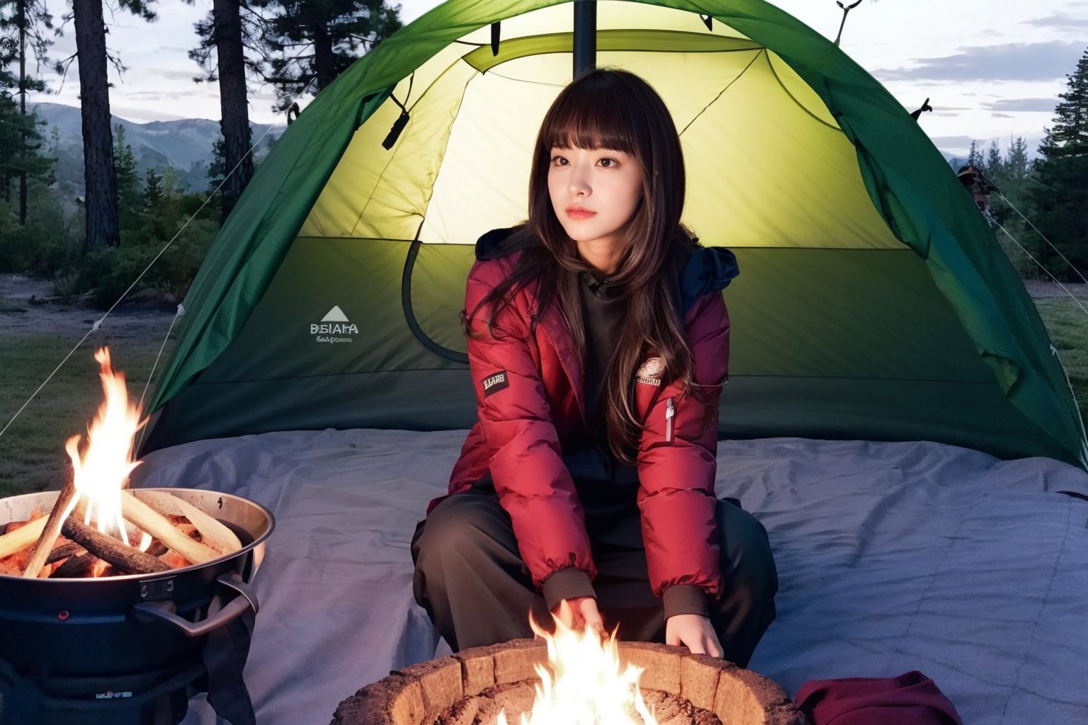 (Masterpiece, best quality, photorealistic, high resolution, 8K raw photo), whole body, 1 girl, solo, beautiful young, 18yo, long hair, (brown hair hair, bangs:1.3), camping night, sitting on a log, there’s a campfire nearby, she is roasting marshmallow with a stick, nighttime, dim and calming atmosphere, lush green woods, wearing camping clothes with jacket and scarf,More Detail, (Big camping tent:1.3)