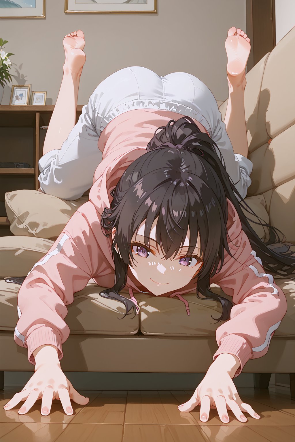 alone, 1 girl, the girl lying on the couch sofa, 1 girl, alone, barefoot, lying, couch, face down, long hair, white miniskirt, ponytail, black hair, feet, hoodie, pink hoodie, pants white shorts, wooden floor, Suou Yuki, best quality purple eyes, long hair, black hair, hair between the eyes, brown eyes, sly look, mischievous smile, bottomless, view from below, yuki