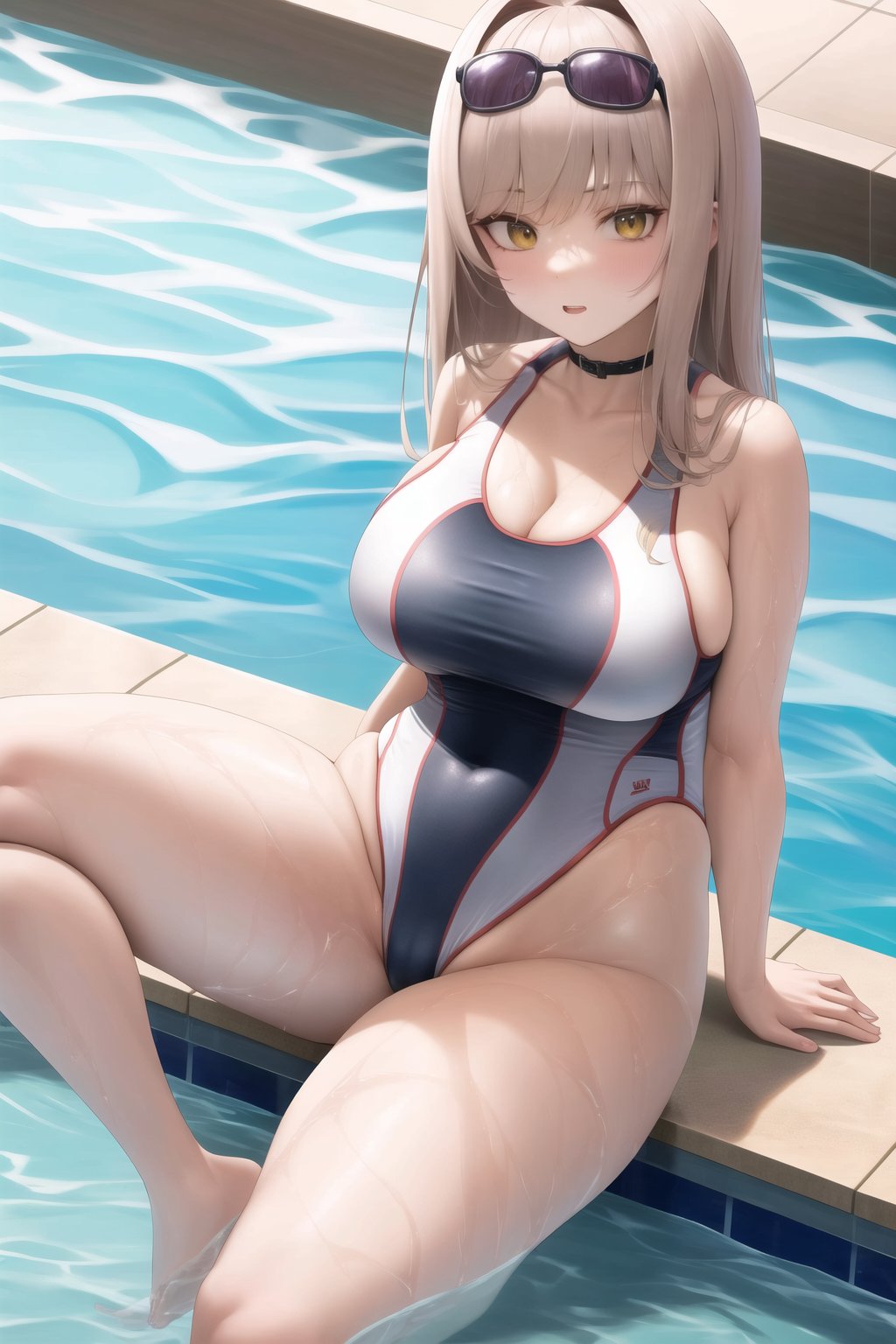 bathing suit. sitting on the edge of the pool with her feet in the water. 