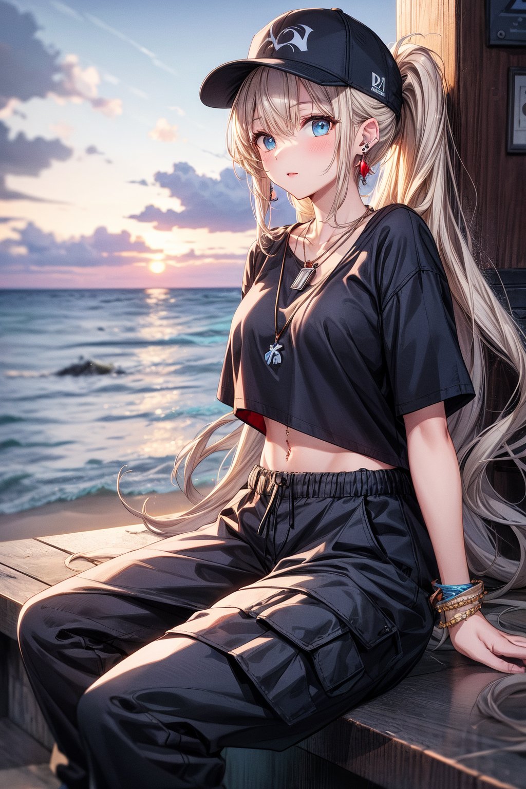 French girl,grey blonde hair(very long hair, curly_hair),long ponytail,hiphop dancer,wearing all black clothes (loose fit top and wide cargo pants),sneakers,accessories(necklace,ear_rings)baseball cap, sitting at sea bank,horizon,seaside,vivid sea color,red lighthouse,sunset,Best Quality, 32k, photorealistic, ultra-detailed, finely detailed, high resolution, perfect dynamic composition, beautiful detailed eyes, sharp-focus, cowboy_shot, 