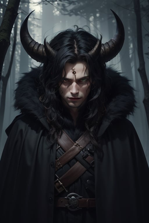 (1 boy), dark wavy hair, long hair past shoulders, windswept unkempt hair, striking golden amber eyes, intense mesmerizing eyes, sharp angular features, prominent jawline, high cheekbones, long flowing black fur cloak, white curved horns from forehead, glowing ethereal horns, forest setting, (best quality, 8k, high resolution, masterpiece:1.2), ultra-detailed, digital art, epic fantasy, dark fantasy, dramatic lighting