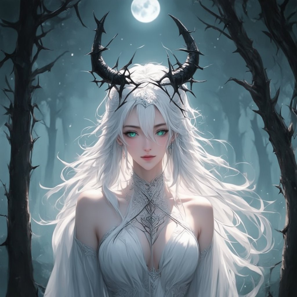 A single female figure, ethereal and otherworldly, stands in a mystical forest. Her pale skin glows softly under the moonlight, with delicate features and an intense gaze from emerald green eyes. A shock of white hair cascades down, intertwined with thorny black vines that seem to writhe and twist. Slender, sharply pointed black horns, resembling a crown of thorns, frame her face. The scene is illuminated by a soft, ethereal light, capturing her beauty in a close-up, portrait-style shot.