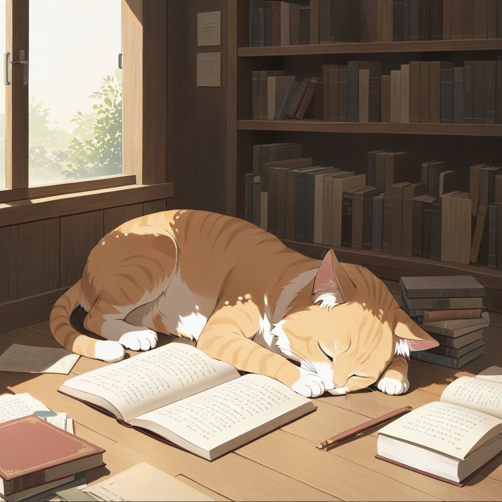 A serene cat lying lazily next to a poetry collection on a wooden bookshelf, soft natural light filtering through a nearby window, creating a warm glow on the books and the cat's fur. The cat's eyes are half-closed, relaxed, with a gentle curve in its body, blending seamlessly with the books. The bookshelf is filled with various titles, adding depth to the composition. The scene is framed to capture the cozy, literary atmosphere.