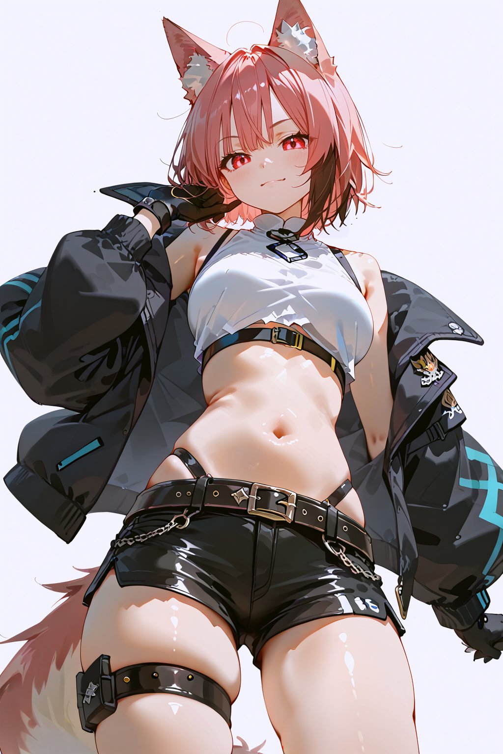 1girl, animal_ears, tail, gloves, solo, blue_hair, navel, black_gloves, belt, shorts, white_background, simple_background, midriff, fang, looking_at_viewer, yellow_eyes, black_shorts, short_hair, thigh_strap, smile, colored_inner_hair, jacket, skindentation, slit_pupils, multicolored_hair, short_shorts, crop_top, animal_ear_fluff, closed_mouth, wolf_ears, bangs, skin_fang, cowboy_shot, cropped_jacket