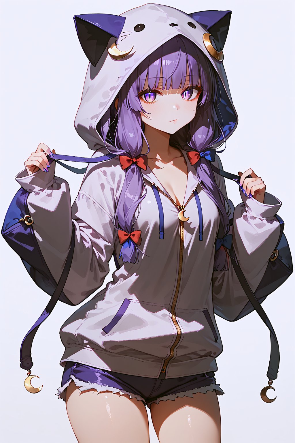 1girl, solo, patchouli_knowledge, crescent_hair_ornament, hood, crescent, hair_ornament, purple_eyes, long_hair, purple_hair, simple_background, shorts, looking_at_viewer, animal_hood, alternate_costume, white_background, bangs, long_sleeves, cowboy_shot, blunt_bangs, hoodie, closed_mouth, hood_up, blue_shorts, jacket, short_shorts, cat_hood, zipper, wide_sleeves, slit_pupils, expressionless