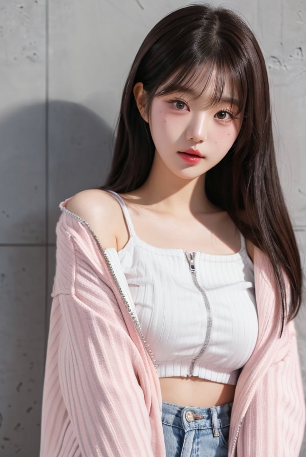 portrait, kpop, idol, wonyoung, cutie, A young girl, dark hair and straight bangs, standing indoors against a plain grey wall. She is wearing a white ribbed top underneath a pink and white striped zip-up cardigan, which is slightly off her shoulders. She has a neutral expression, looking directly at the camera, Her makeup is subtle with pink lips and well-defined eyes, ulzzang, korean girl, she is korean, chiho, young adorable korean face, portrait of female korean idol, lariennechan, 奈良美智,