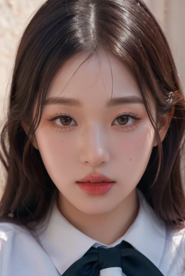 extremely detailed face and eyes, best quality masterpiece, extremely detailed, ultra-detailed, (realistic, HD, 8K, 4K, photo-realistic:1.3), extremely detailed skin, looking at viewer, portrait, upperbody, model, kpop, idol, aegyo-sal, A young girl with bangs long wavy hair, Her makeup is subtle with pink lips and well-defined eyes, She is dressed in an elegant, school uniform, She has a neutral expression,