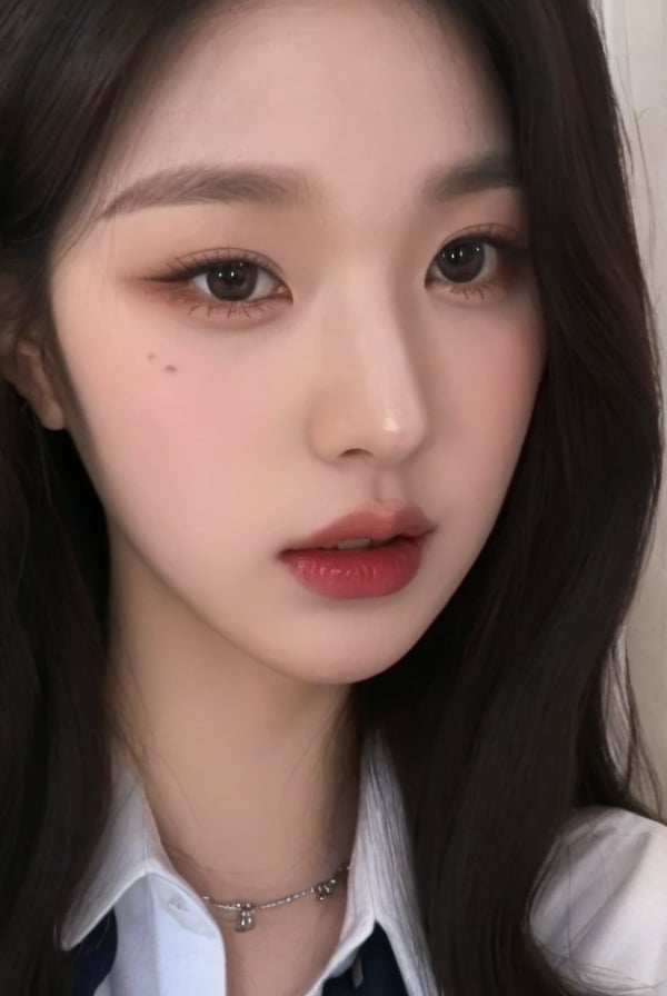 extremely detailed face and eyes, best quality masterpiece, extremely detailed, ultra-detailed, (realistic, HD, 8K, 4K, photo-realistic:1.3), extremely detailed skin, looking at viewer, portrait, upperbody, model, kpop, idol, aegyo-sal, A young girl with bangs long wavy hair, Her makeup is subtle with pink lips and well-defined eyes, She is dressed in an elegant, school uniform, She has a neutral expression,