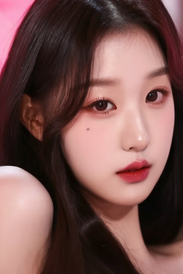 uzzlang, selfie, kpop, idol, wonyoung, cutie, A young girl with long dark wavy hair with bangs, Her makeup is subtle with pink lips and well-defined eyes