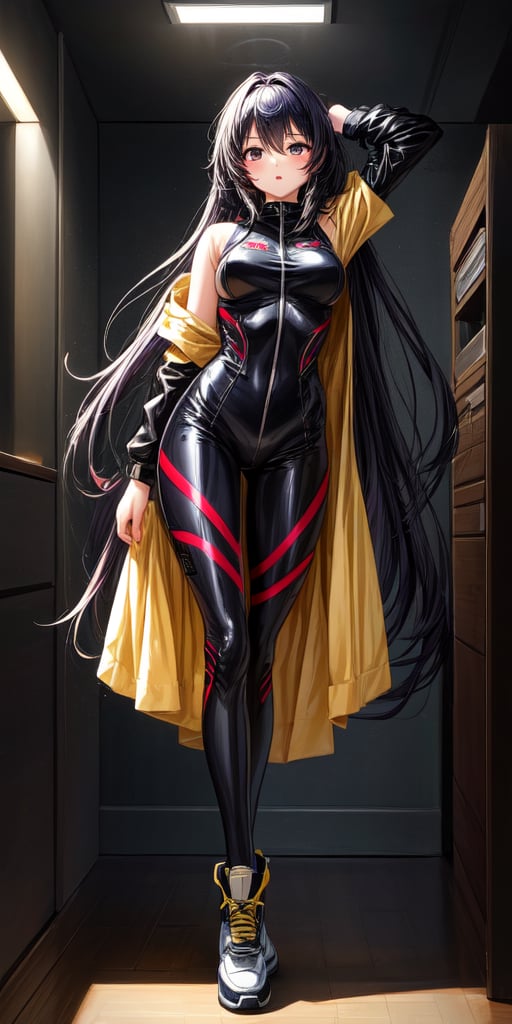 Masterpiece, best quality, official_art, wallpaper, 1girl, tall,  dynamic lighting, sexy pose, 18 years old, cute, full body black tight suit, show full body, Korean girl, 170 cm tall