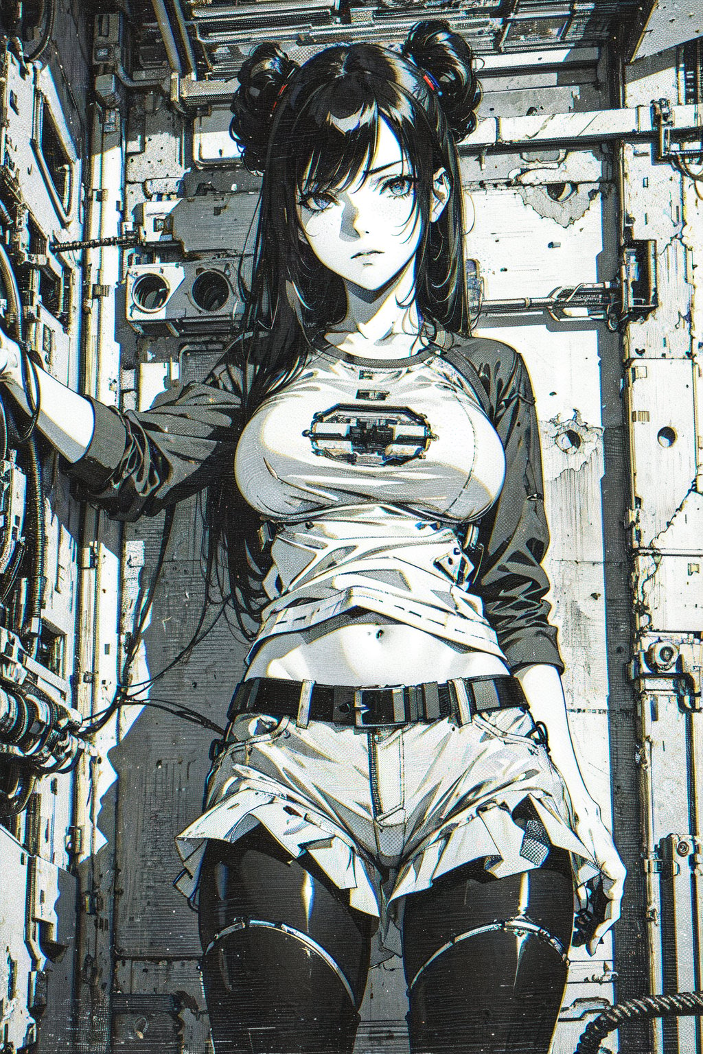 1girl, solo, long hair, breasts, looking at viewer, monochrome, upper body,  weapon, gun, rifle, zipper, chromatic aberration, cybernetic_enhancements, A woman in a sleek black spacesuit sits expressionless in a futuristic cockpit, framed by a 9:16 composition. The cityscape outside features tall buildings and a cloudy sky, rendered in black and white manga style with cyberpunk elements. In the foreground, detailed mechanical and electronic devices occupy the space around her. She gazes straight ahead, her face a mask of calm determination. The lighting is dimly lit, with accents of blue and red from the cockpit's instrumentation. The atmosphere is tense, as if she's waiting for something to happen.,cyberpunk,cybergirl, Tifa Lockhart