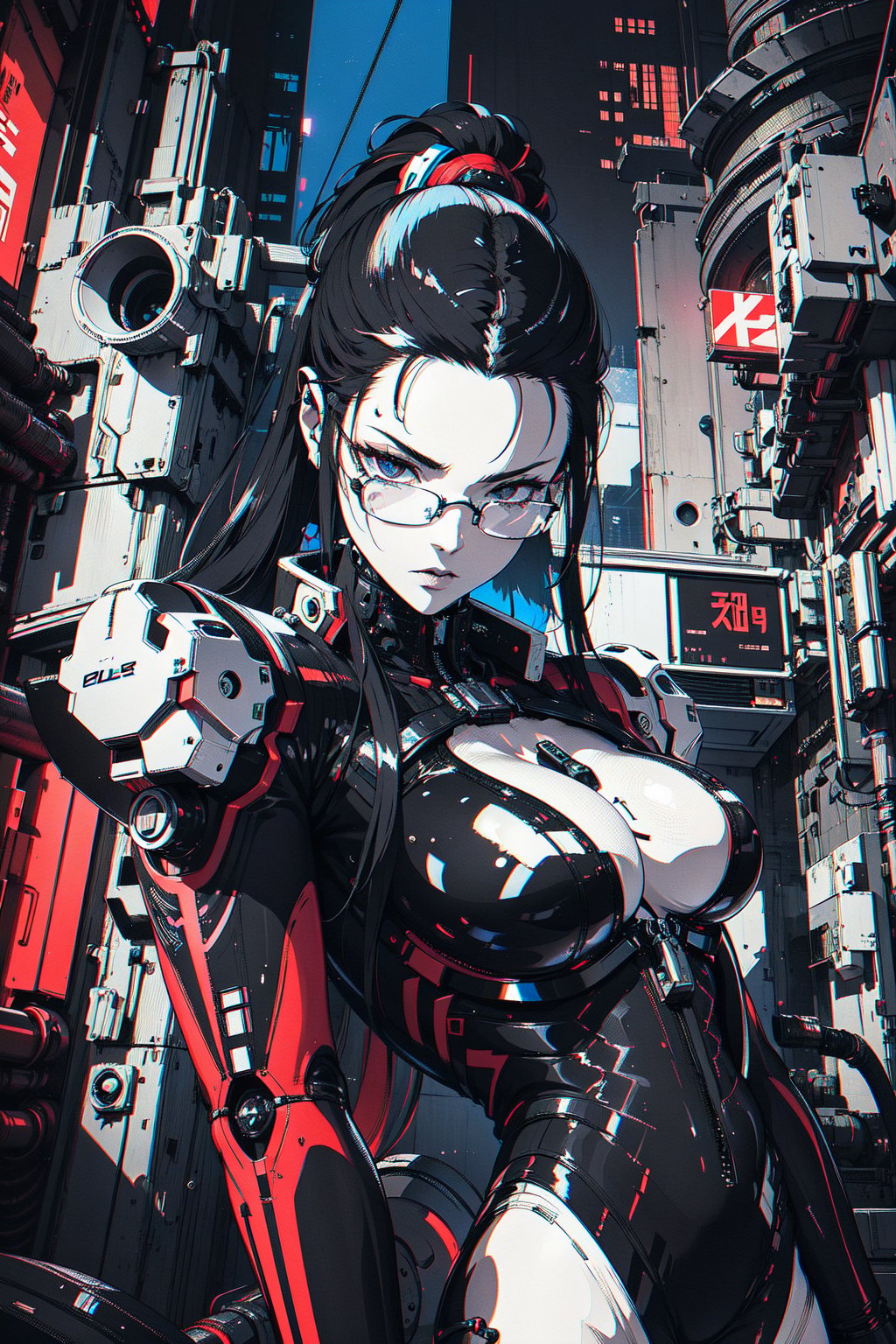 1girl, solo, long hair, breasts, looking at viewer, monochrome, upper body, ponytail, weapon, glasses, gun, semi-rimless eyewear, rifle, zipper, chromatic aberration, cybernetic_enhancements
A woman in a sleek black spacesuit sits expressionless in a futuristic cockpit, framed by a 9:16 composition. The cityscape outside features tall buildings and a cloudy sky, rendered in black and white manga style with cyberpunk elements. In the foreground, detailed mechanical and electronic devices occupy the space around her. She gazes straight ahead, her face a mask of calm determination. The lighting is dimly lit, with accents of blue and red from the cockpit's instrumentation. The atmosphere is tense, as if she's waiting for something to happen.,cyberpunk,cybergirl