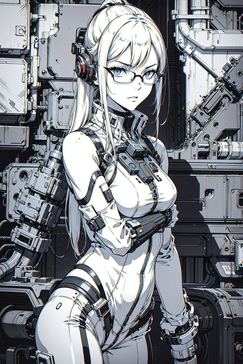 1girl, solo, long hair, breasts, looking at viewer, monochrome, upper body, ponytail, weapon, glasses, gun, semi-rimless eyewear, rifle, zipper, chromatic aberration, cybernetic_enhancements
A woman in a sleek black spacesuit sits expressionless in a futuristic cockpit, framed by a 9:16 composition. The cityscape outside features tall buildings and a cloudy sky, rendered in black and white manga style with cyberpunk elements. In the foreground, detailed mechanical and electronic devices occupy the space around her. She gazes straight ahead, her face a mask of calm determination. The lighting is dimly lit, with accents of blue and red from the cockpit's instrumentation. The atmosphere is tense, as if she's waiting for something to happen.,cyberpunk