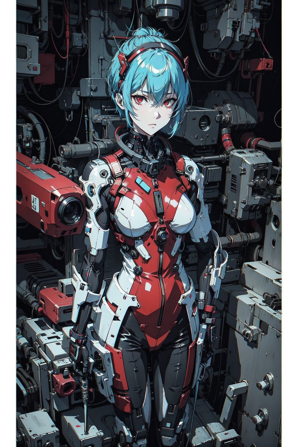 Ayanami Rei , 1girl, solo, short hair, breasts, looking at viewer, monochrome, upper body,  weapon, gun, rifle, zipper, chromatic aberration, cybernetic_enhancements, A woman in a sleek black spacesuit sits expressionless in a futuristic cockpit, framed by a 9:16 composition. The cityscape outside features tall buildings and a cloudy sky, rendered in black and white manga style with cyberpunk elements. In the foreground, detailed mechanical and electronic devices occupy the space around her. She gazes straight ahead, her face a mask of calm determination. The lighting is dimly lit, with accents of blue and red from the cockpit's instrumentation. The atmosphere is tense, as if she's waiting for something to happen.,cyberpunk,cybergirl, 