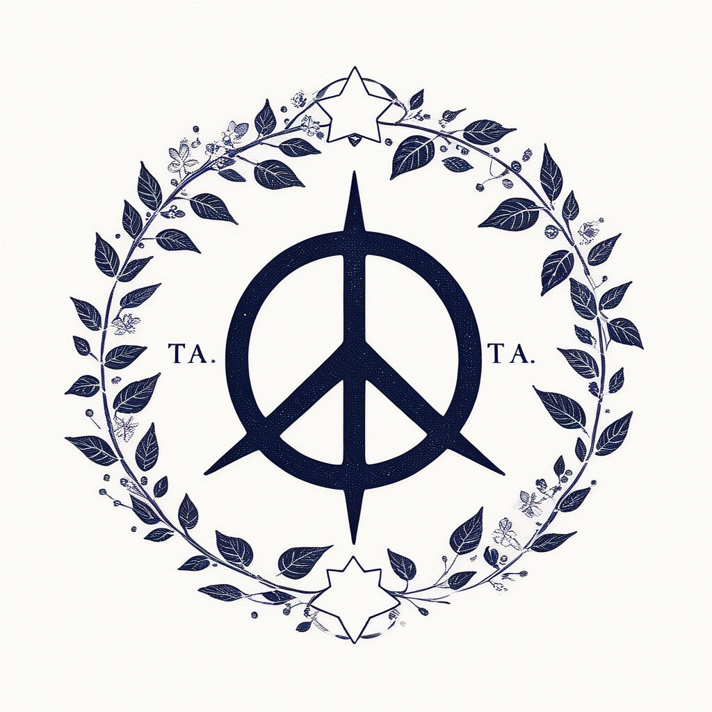 logo_emblem,Helvetica Bold_text:TA, a pentagram,peace symbol,leaf print.