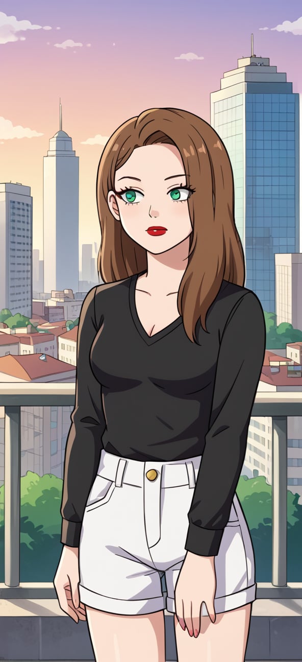 S4rahLynnBH, brown hair, green eyes,lipstick, black shirt, white shorts, 1girl, looking at viewers, city, day, outdoors, anime style, 