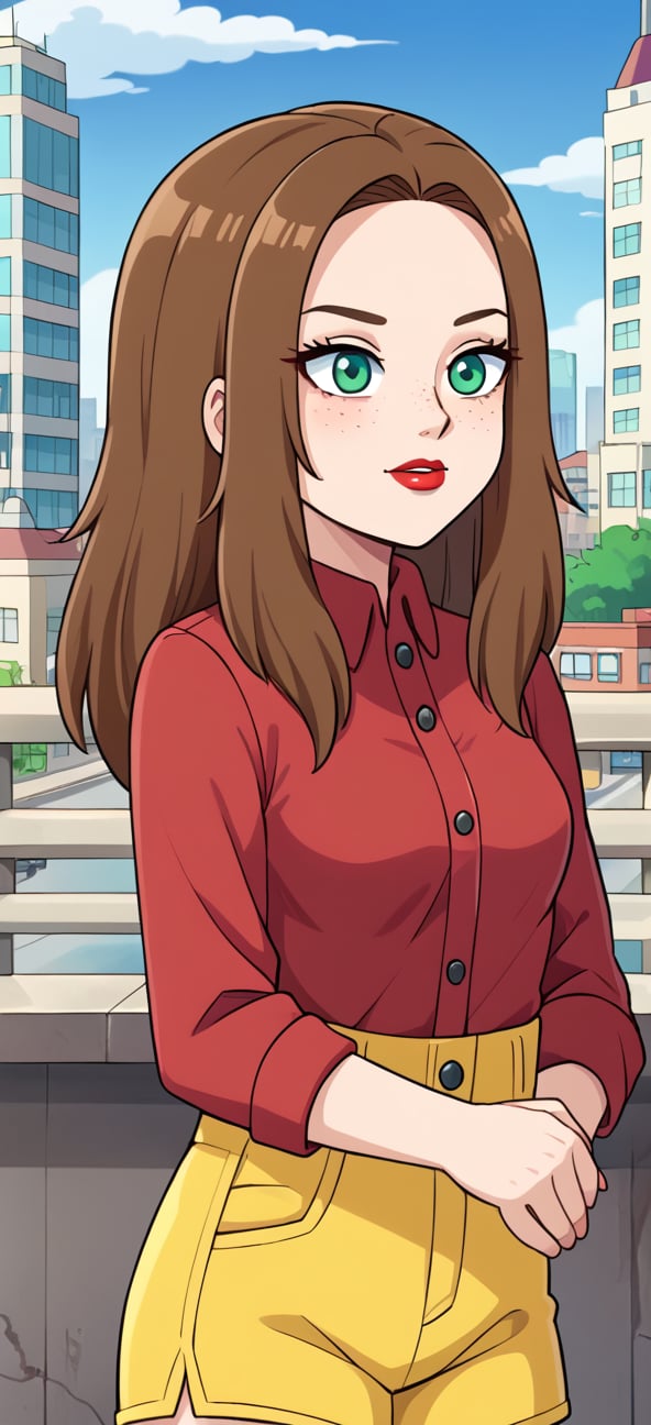 BIG FOREHEAD, S4rahLynnBH, brown hair, green eyes, looking at viewers, , Freckles, RED SHIRT, YELLOW SHORTS, city, day, outdoors, anime style,lipstick