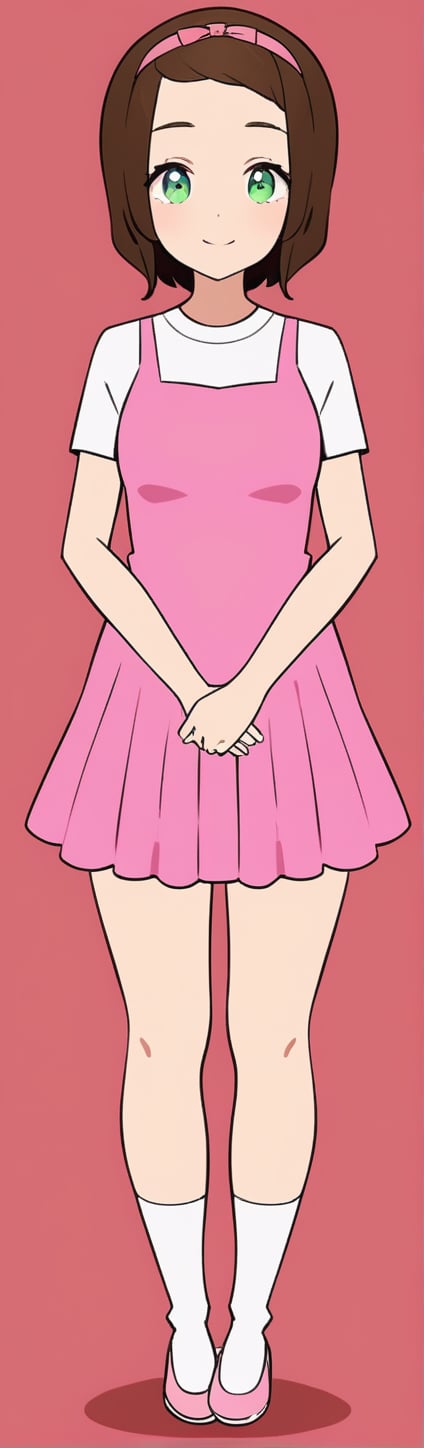 1girl, solo, looking at viewer, smile, short hair, simple background, brown hair, shirt, dress, green eyes, standing, full body, short sleeves, hairband, shoes, socks, pink background, own hands together, white socks, pink dress, pink hairband