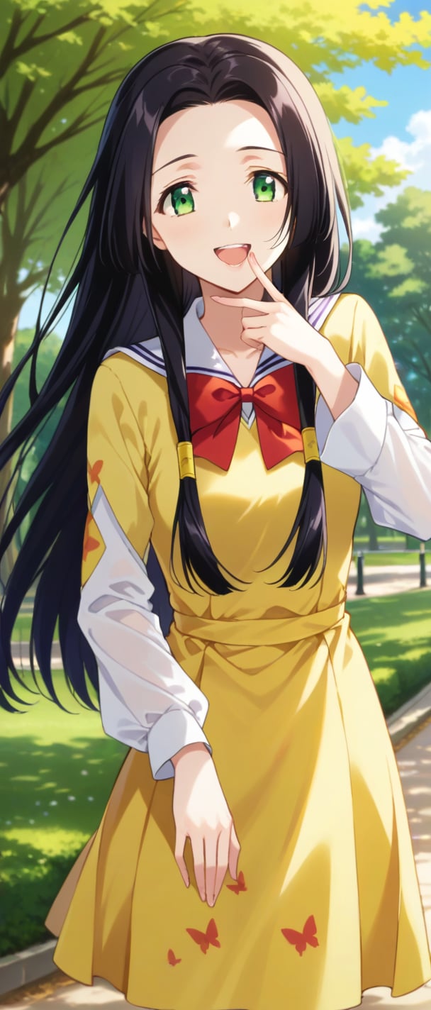 sumeragi kaguya, green eyes, black hair, long hair, hair tubes, red bow, yellow dress, squar necked dress, butterfly print, long sleeves, smiling, sunny day, park, mouth open teeth, 
