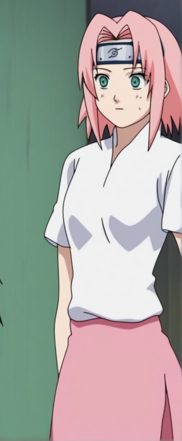 SAKURA HARUNO, MEDIUM HAIR, GREEN EYES,PINK HAIR, PARTED BANGS, white t shirt, pink skirt, puffy short slevees,FOREHEAD PROTECTOR,