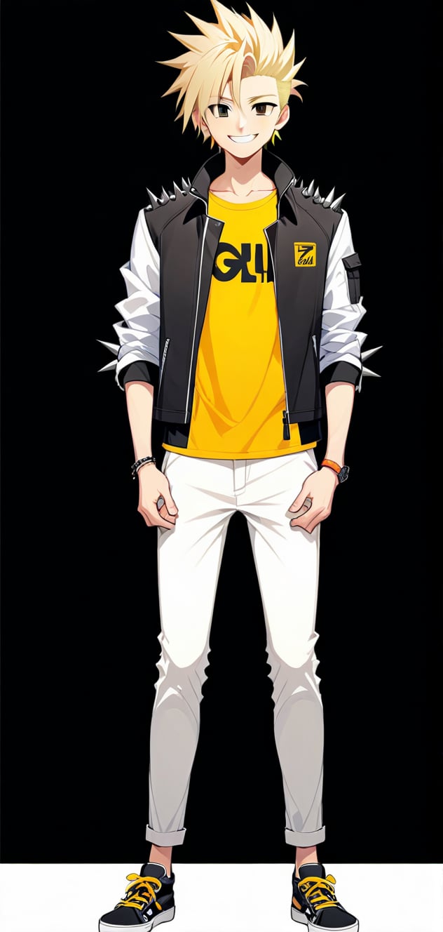 solo, looking at viewer, smile, blonde hair, simple background, shirt, 1boy, standing, jacket, full body, male focus, shoes, pants, black eyes, spiked hair, black background, arms at sides