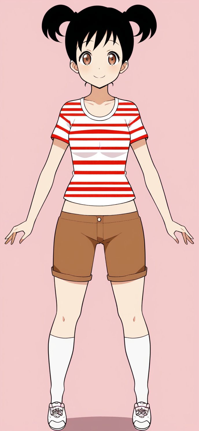 1girl, solo, smile, short hair, simple background, shirt, black hair, twintails, brown eyes, full body, shoes, shorts, socks, midriff, striped, kneehighs, pink background, short twintails, white socks, sneakers, striped shirt, brown shorts