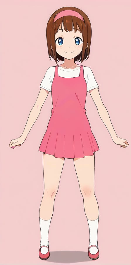 1girl, solo, looking at viewer, smile, short hair, blue eyes, simple background, brown hair, dress, standing, hairband, socks, pink background, white socks, freckles, pink hairband,masterpiece,BREAK,highres,official art,source_anime,(score_6_up:0.8),(score_7_up:0.8),score_8_up,score_9