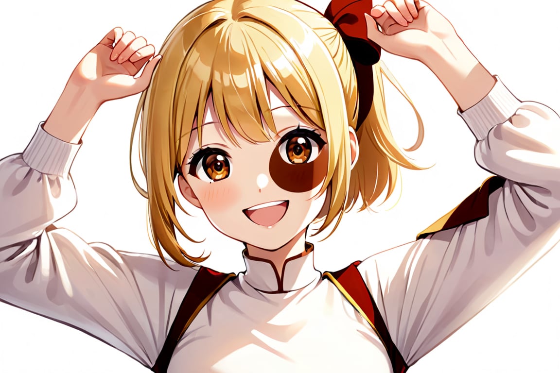 1girl, solo, looking at viewer, smile, short hair, open mouth, blonde hair, long sleeves, brown eyes, :d, arm up, side ponytail