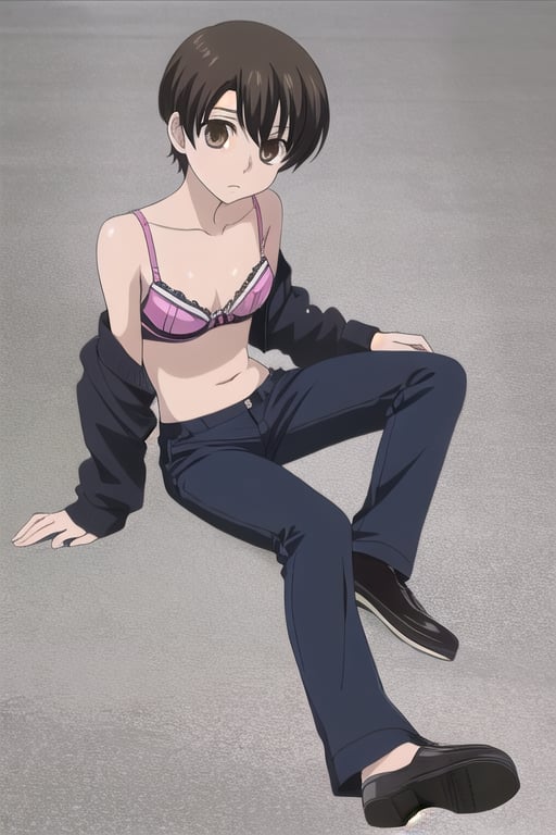 1girl, solo, Fujioka Haruhi short hair, bra, palck pants, 