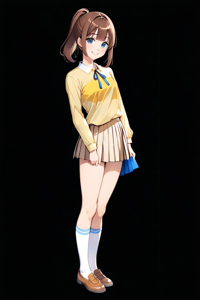 1girl, solo, looking at viewer, smile, short hair, bangs, blue eyes, skirt, simple background, brown hair, shirt, long sleeves, standing, full body, ponytail, pleated skirt, shoes, socks, blunt bangs, side ponytail, white socks, black background, yellow shirt